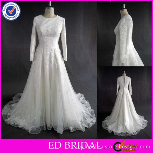 LN89 Lace Appliqued Long Sleeve Real Sample Alibaba Muslim Bridal Dress